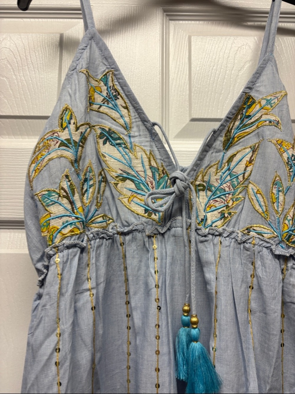 POL Light Blue Embroidered Maxi Dress with Tassel Tie and Sequin detail  Boho M